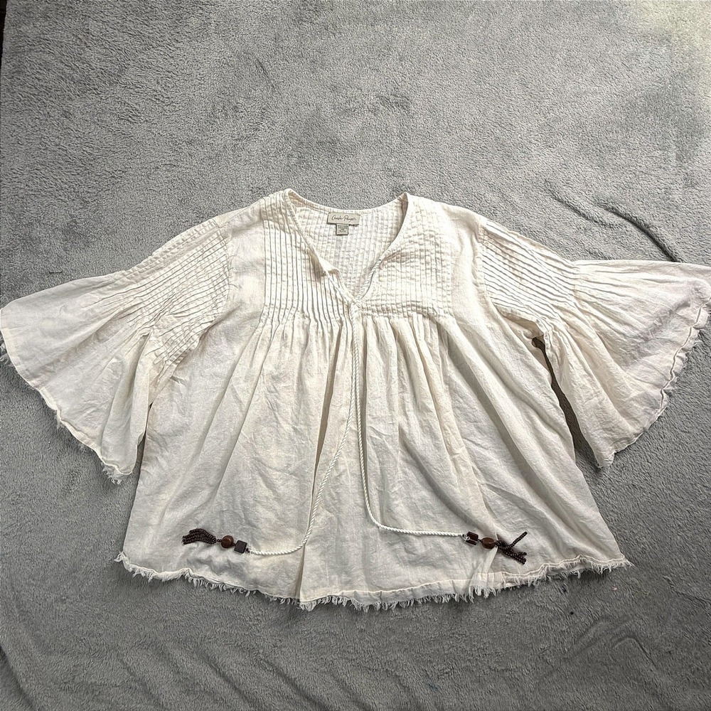 Charlie Paige White Boho Pintuck Pleated Bell Sleeve Blouse XL Tassel Tie Top